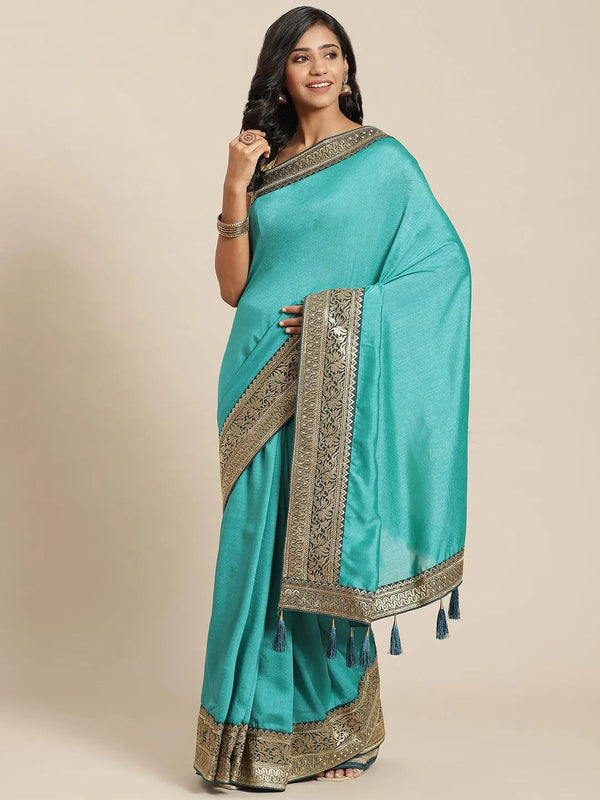 Blue Solid Silk Blend Saree - Jashvi