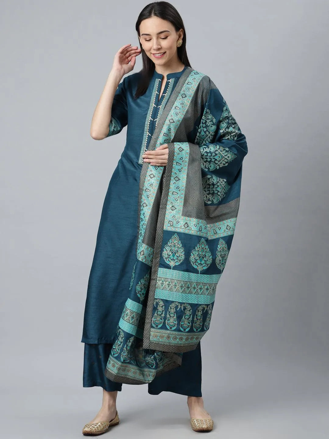 Blue Solid Silk Blend Suit Set - Jashvi