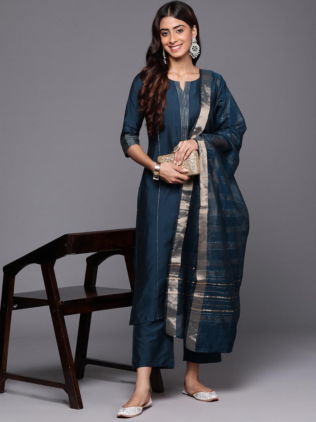 Blue Solid Silk Blend Straight Kurta With Trousers & Dupatta - Jashvi