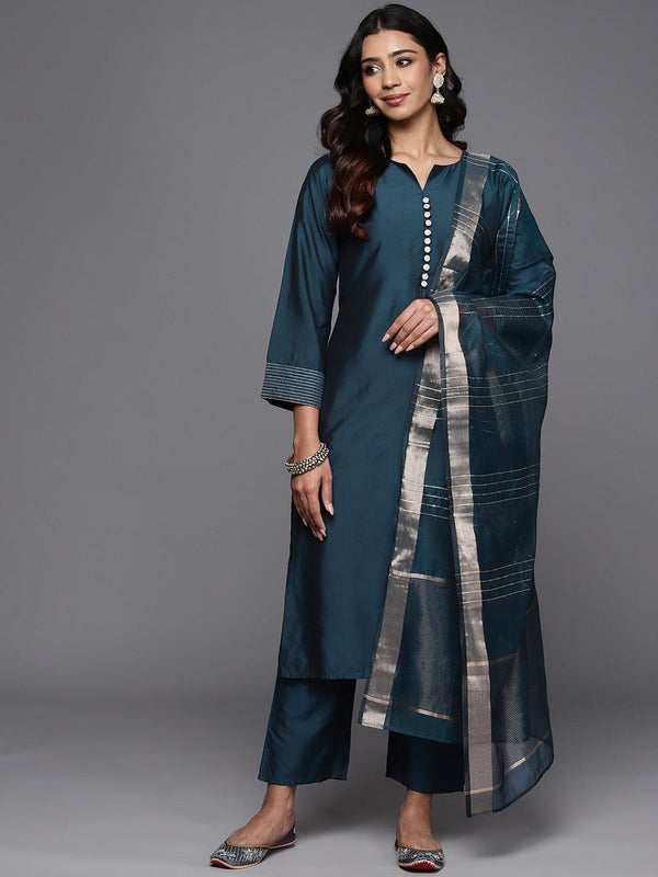 Blue Solid Silk Blend Straight Kurta With Trousers & Dupatta - Jashvi