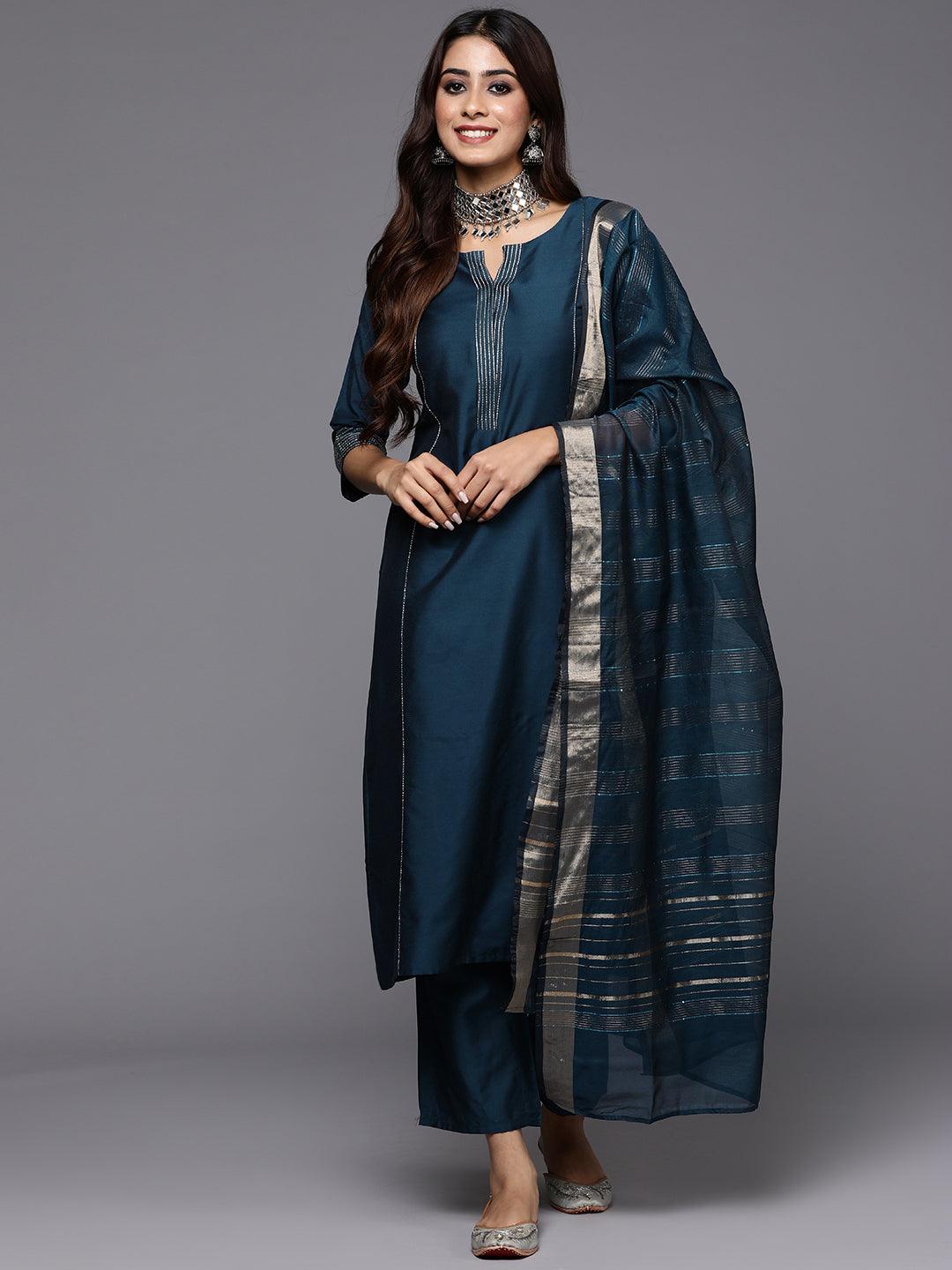 Blue Solid Silk Blend Straight Kurta With Trousers & Dupatta - Jashvi