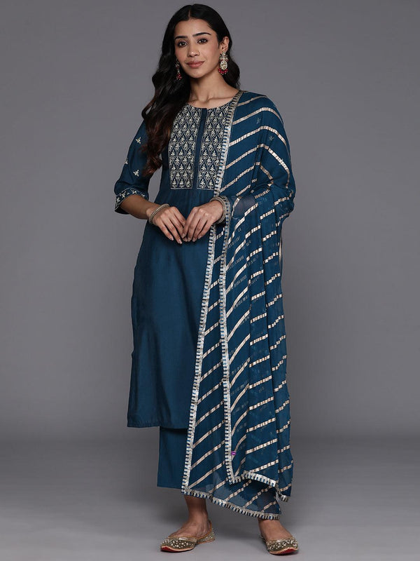 Blue Solid Silk Blend Straight Kurta With Trousers & Dupatta - Jashvi