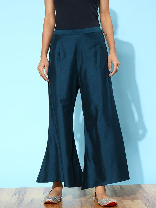 Blue Solid Silk Palazzos