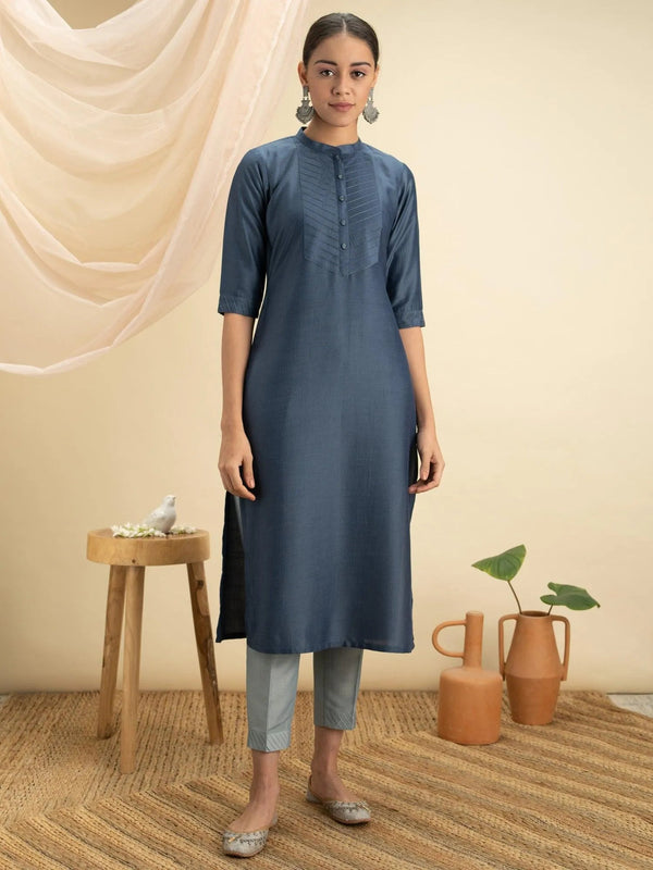 Blue Solid Silk Straight Kurta - Jashvi