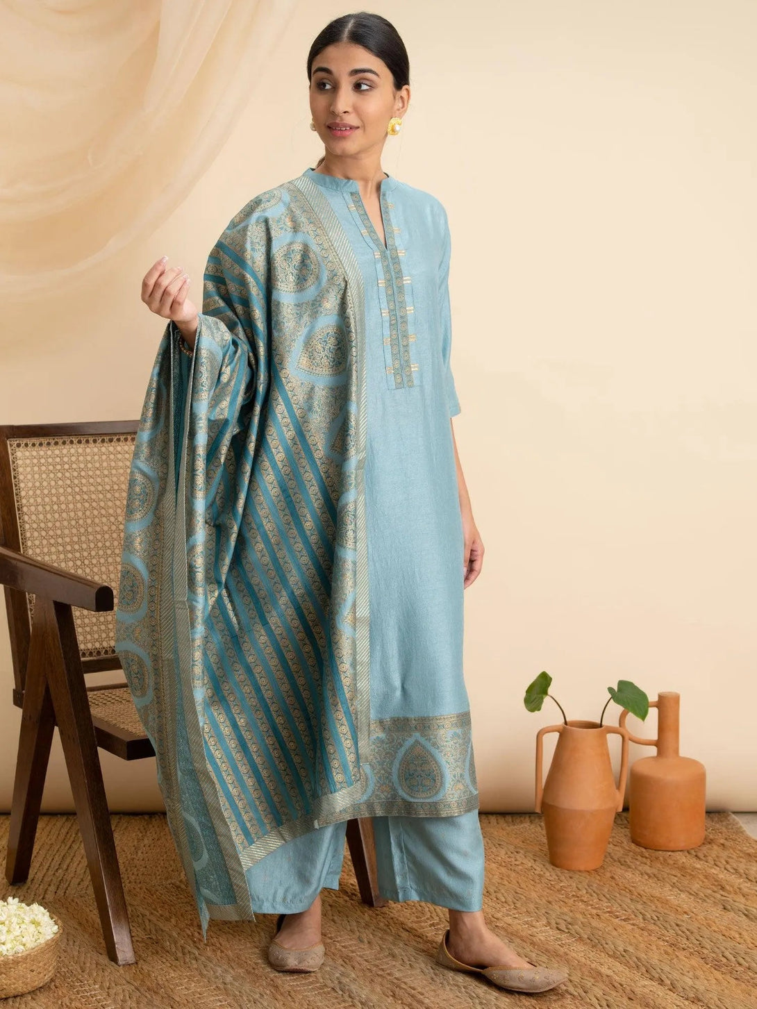 Blue Solid Silk Suit Set - Jashvi