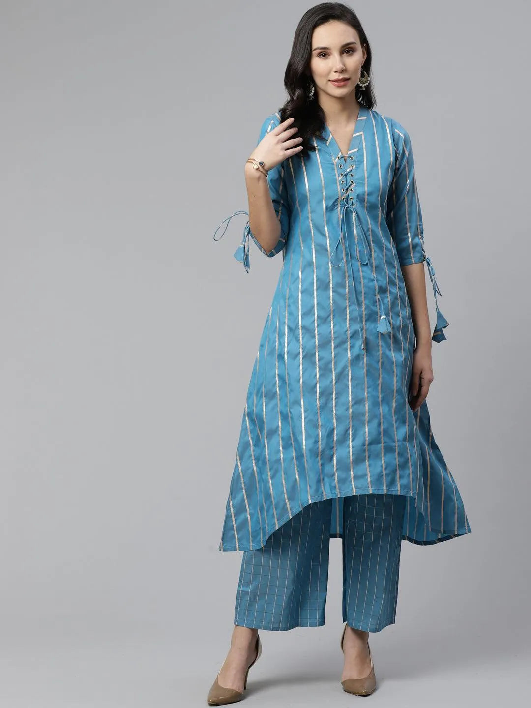 Blue Striped Chanderi Kurta Set - Jashvi