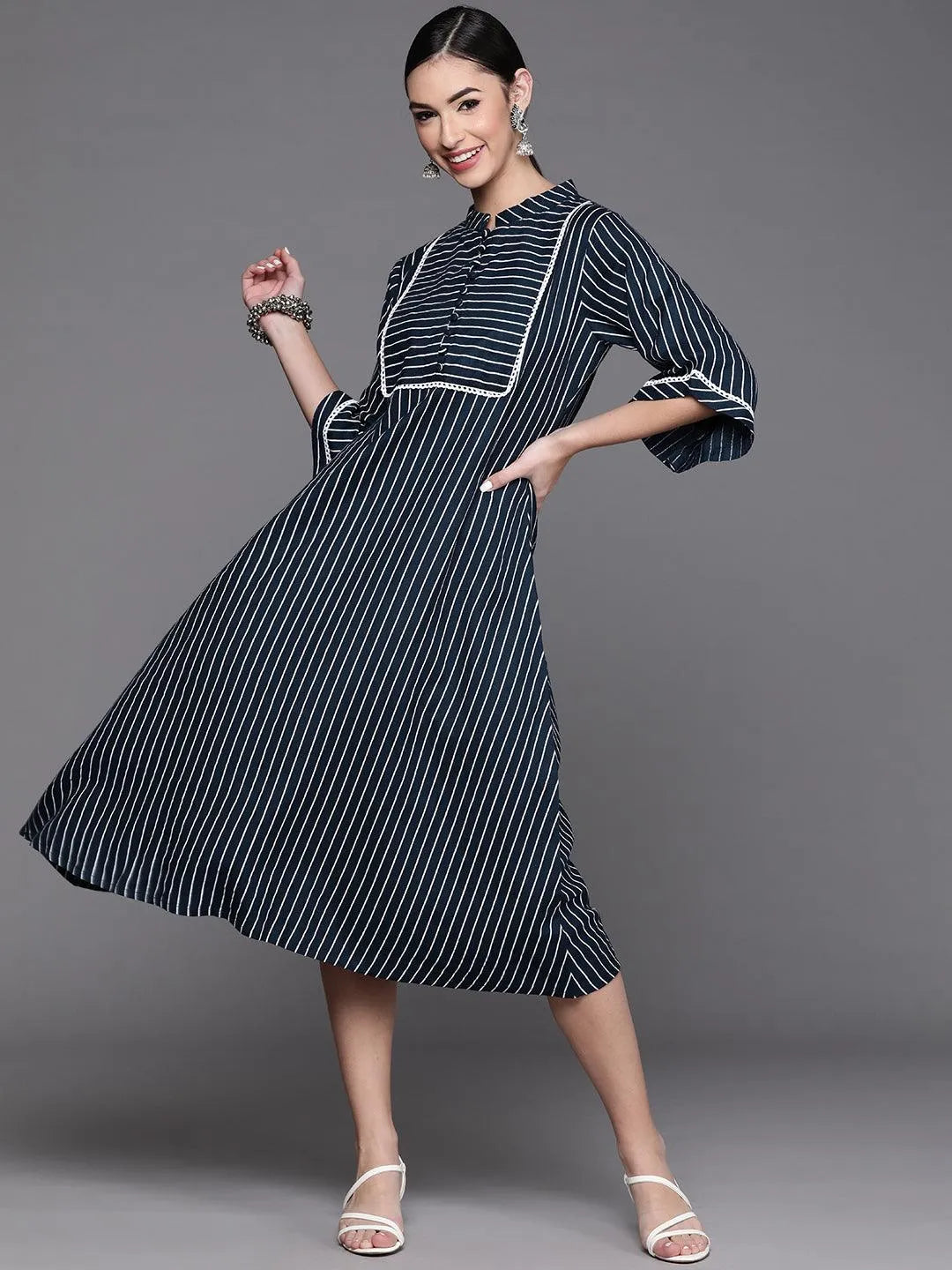 Blue Striped Cotton Dress - Jashvi