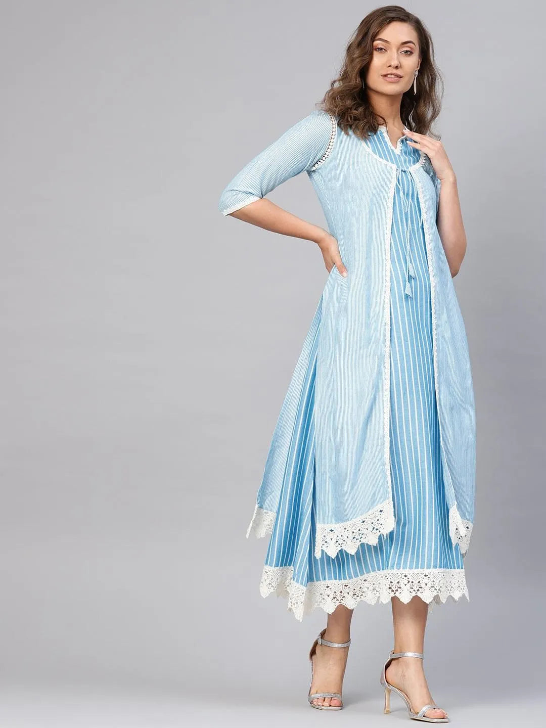 Blue Striped Cotton Dress With Jacket - Jashvi