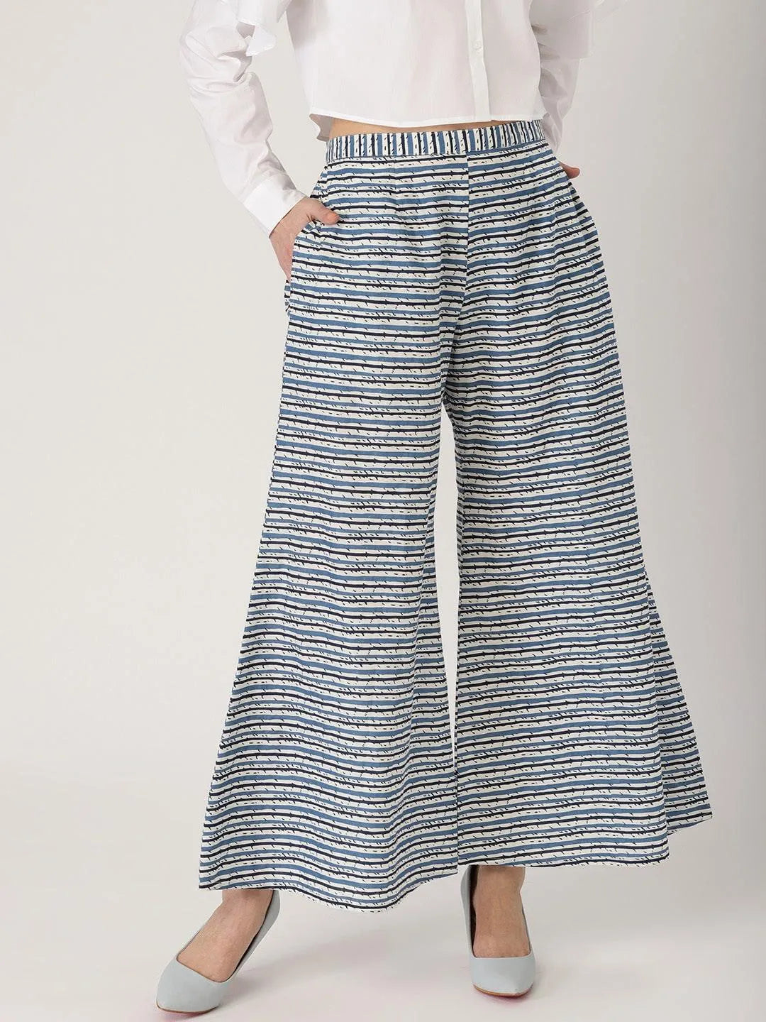 Blue Striped Cotton Palazzos - Jashvi