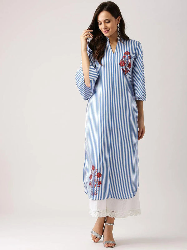 Blue Striped Polyester Kurta - Jashvi