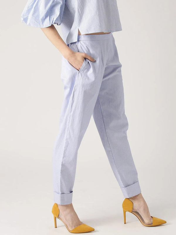 Blue Striped Polyester Trousers