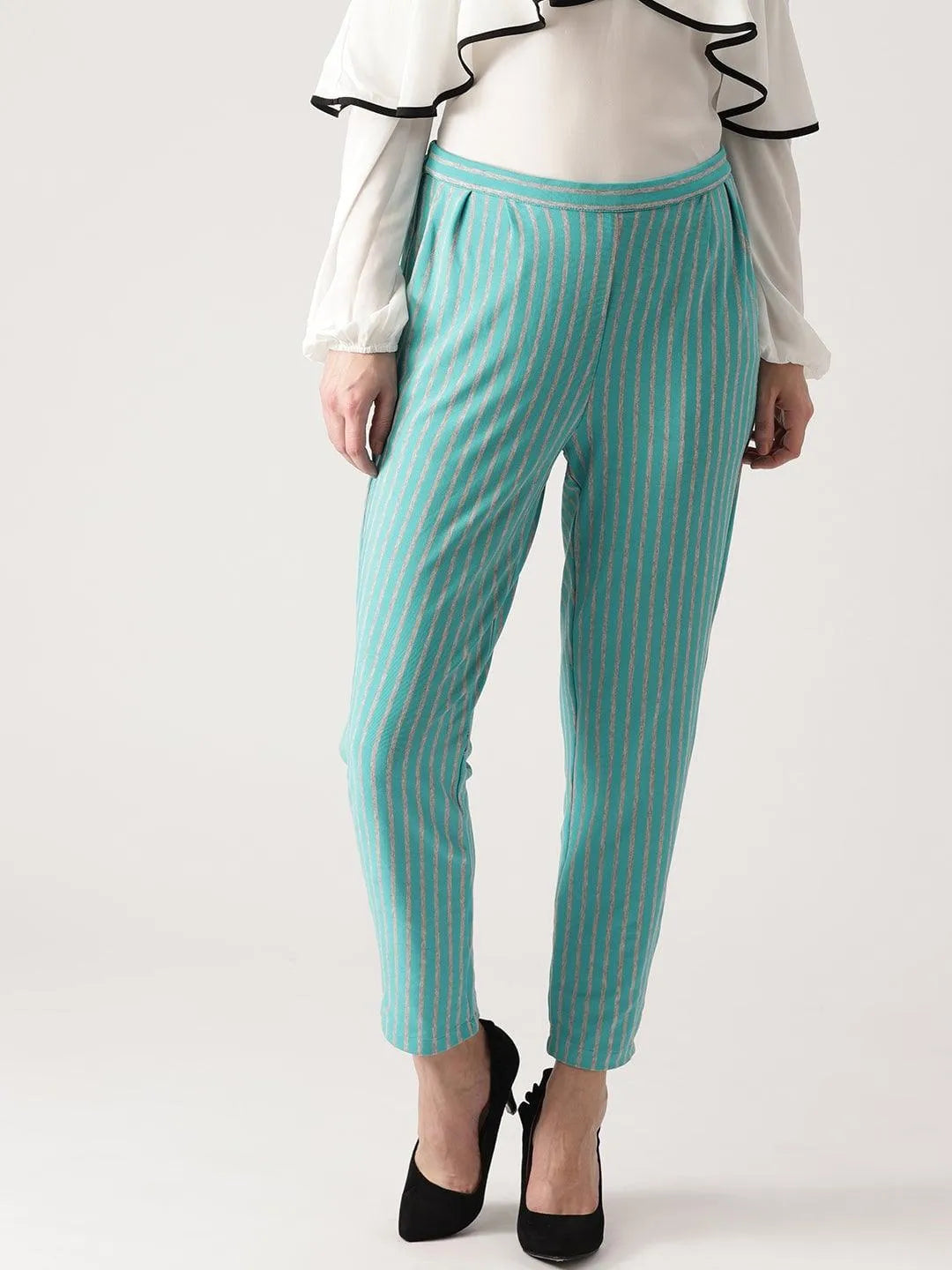 Blue Striped Polyester Trousers - Jashvi