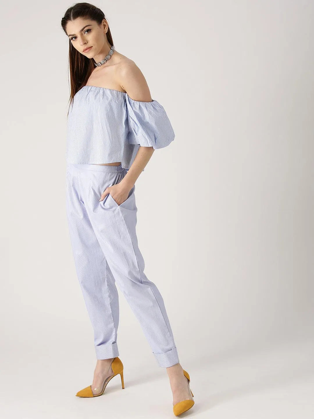 Blue Striped Polyester Trousers - Jashvi