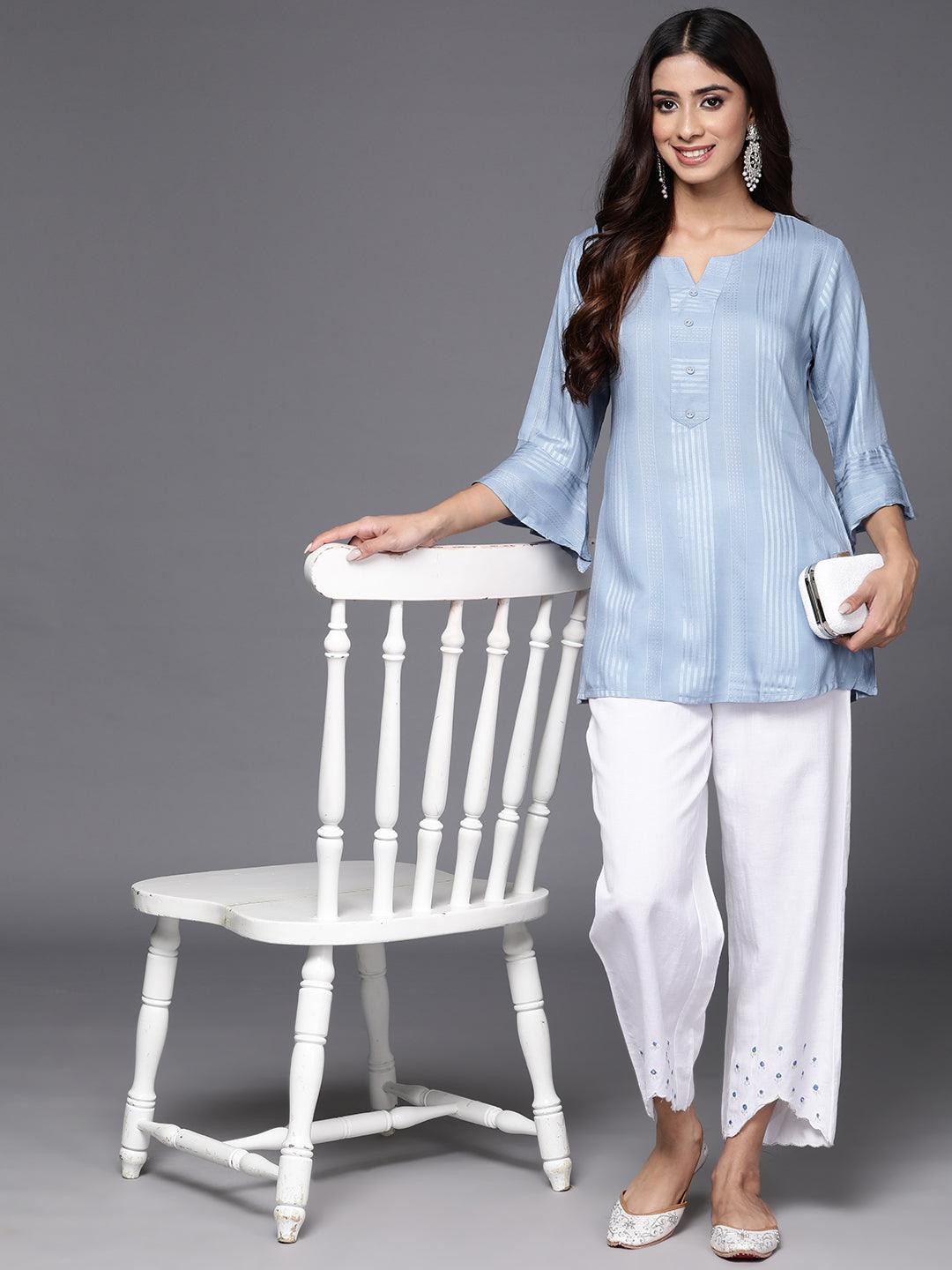 Blue Striped Rayon A-Line Kurti - Jashvi