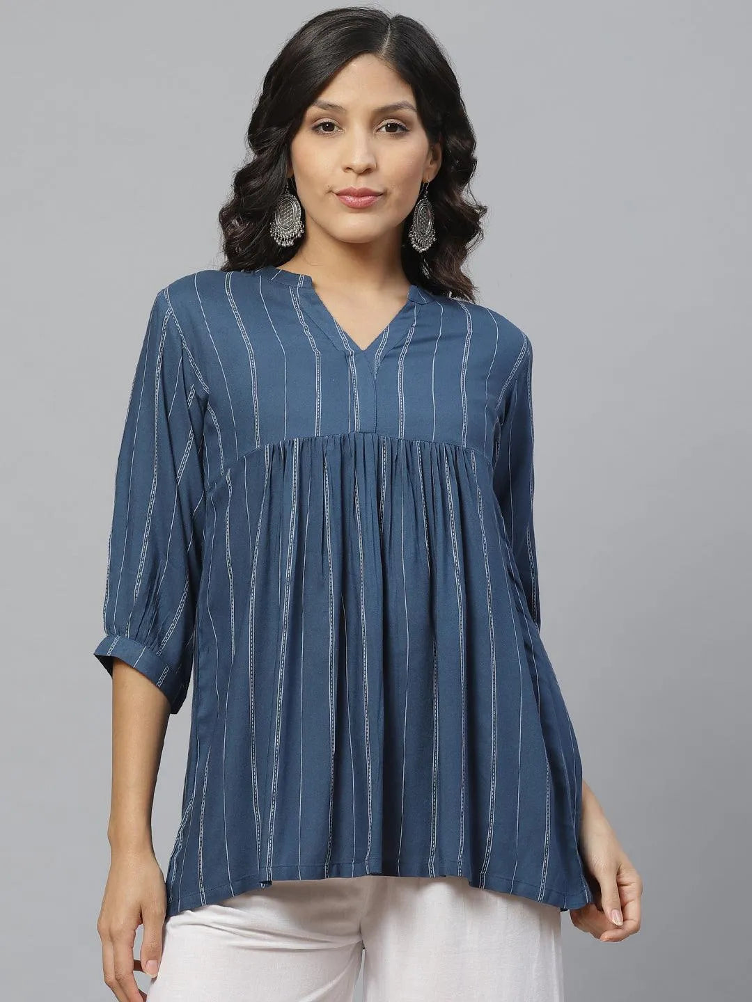 Blue Striped Rayon Kurti With Mask - Jashvi