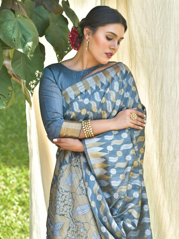 Women's Blue Tussar Silk Heavy Jamdani Saree - Odette