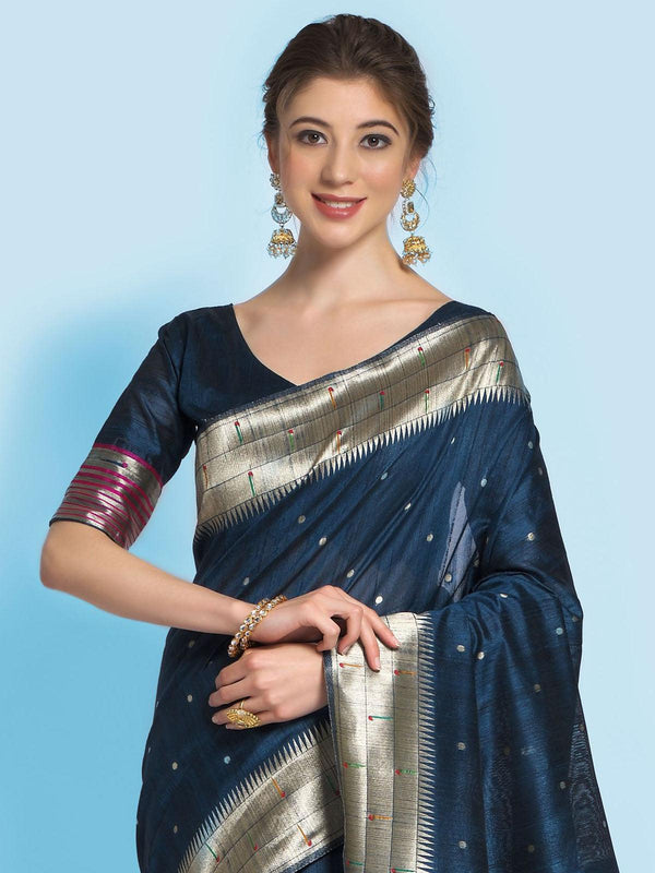 Women's Blue Tussar Silk Paithani Saree - Odette