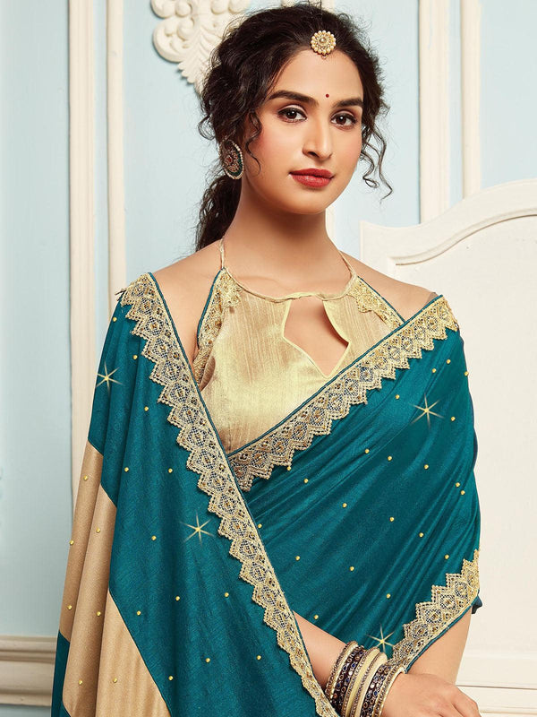 Women's Blue Unique Cut Patch Work  Saree - Odette