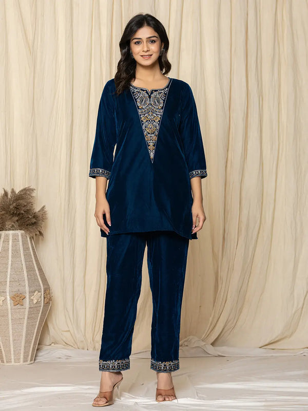 Blue Velvet Embroidered Co-Ord Set