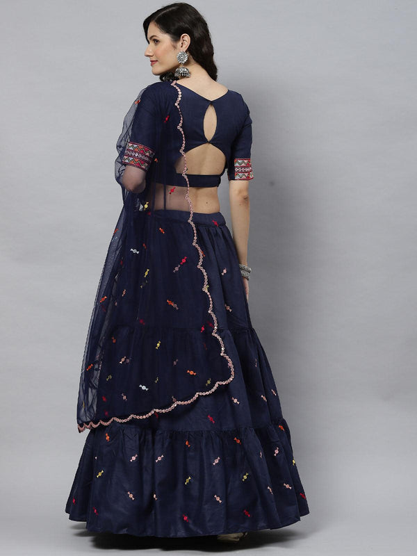 Women's Blue Embroidered Cotton Lehenga Set - Odette