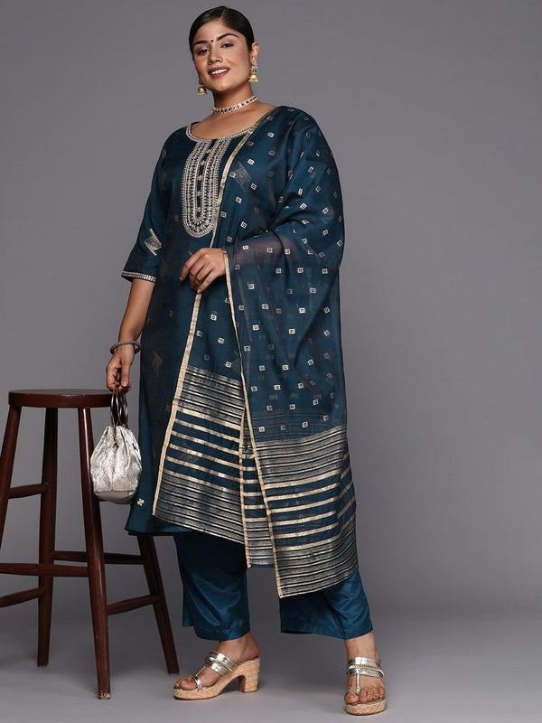 Blue Woven Design Chanderi Silk Straight Kurta With Trousers & Dupatta - Jashvi