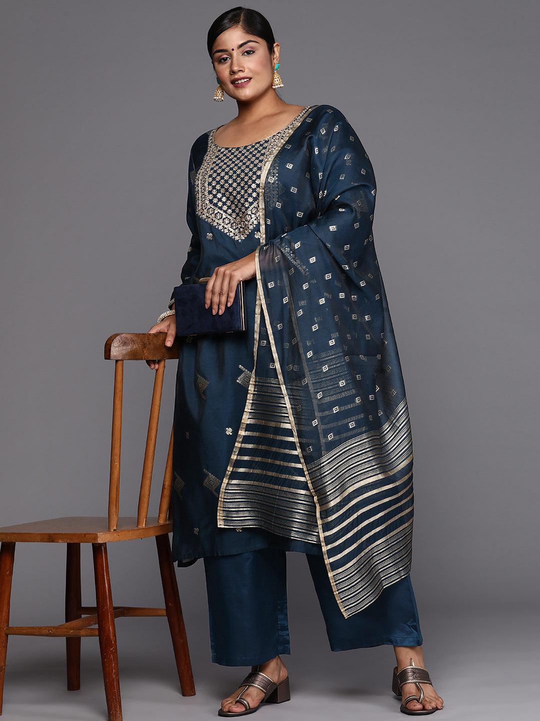 Blue Woven Design Chanderi Silk Straight Kurta With Trousers & Dupatta - Jashvi