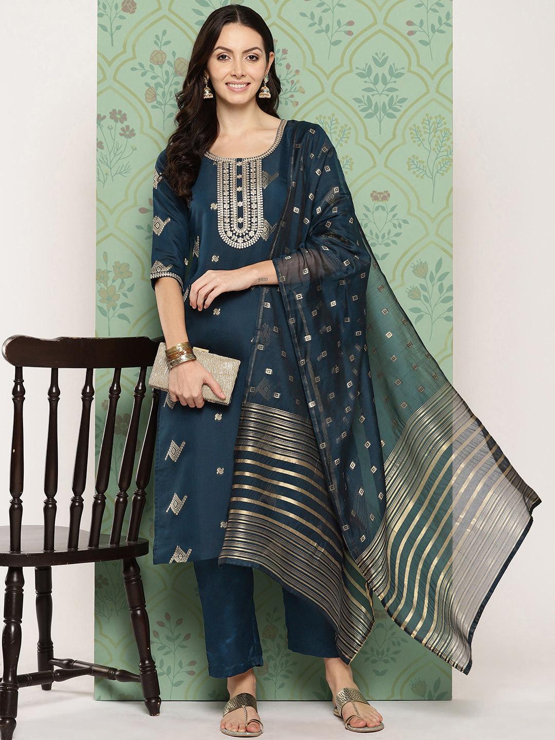 Blue Woven Design Chanderi Silk Straight Kurta With Trousers & Dupatta - Jashvi