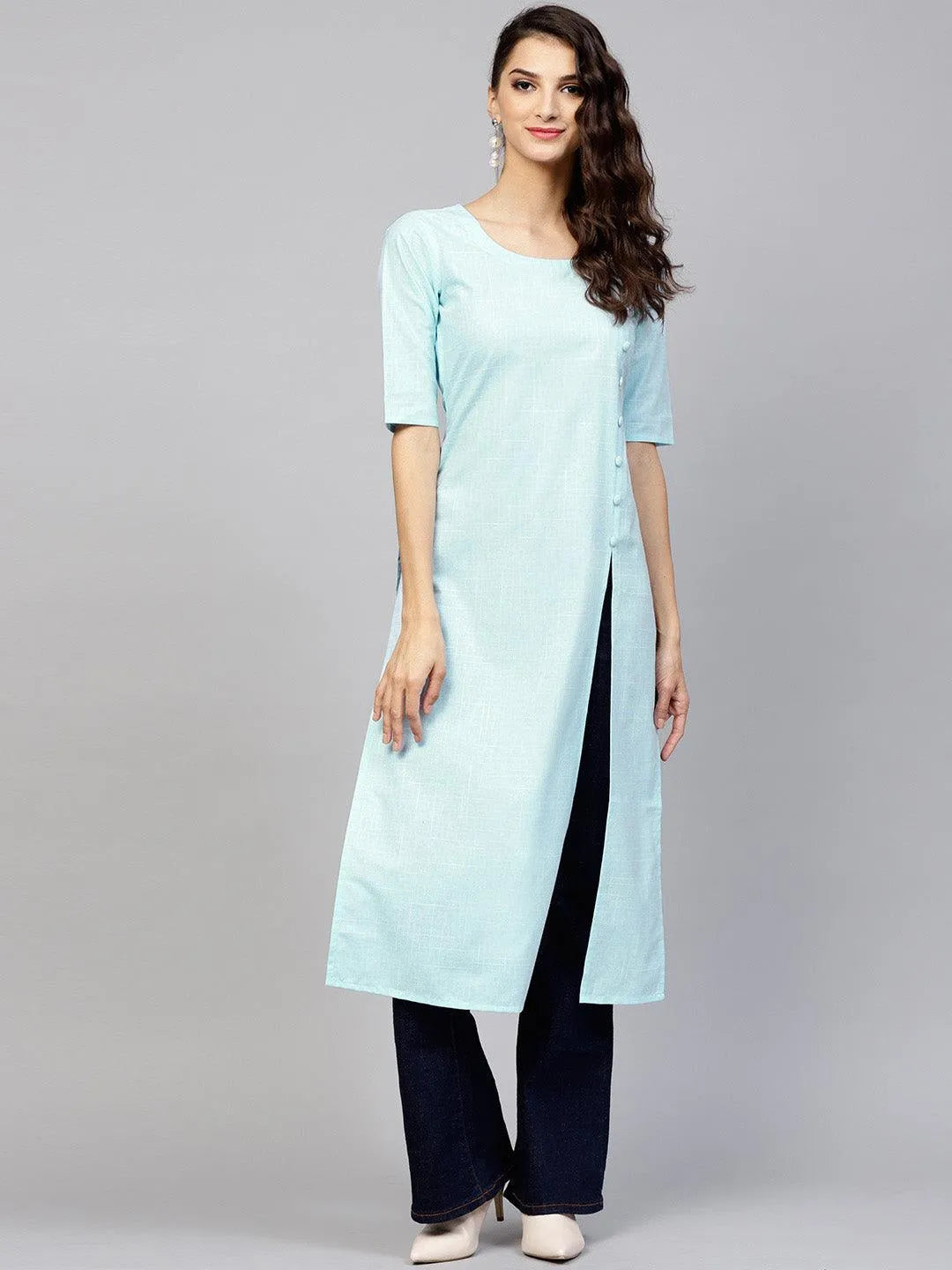 Blue Woven Design Cotton Kurta - Jashvi