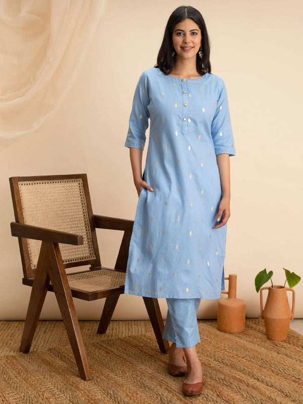 Blue Woven Design Cotton Kurta - Jashvi