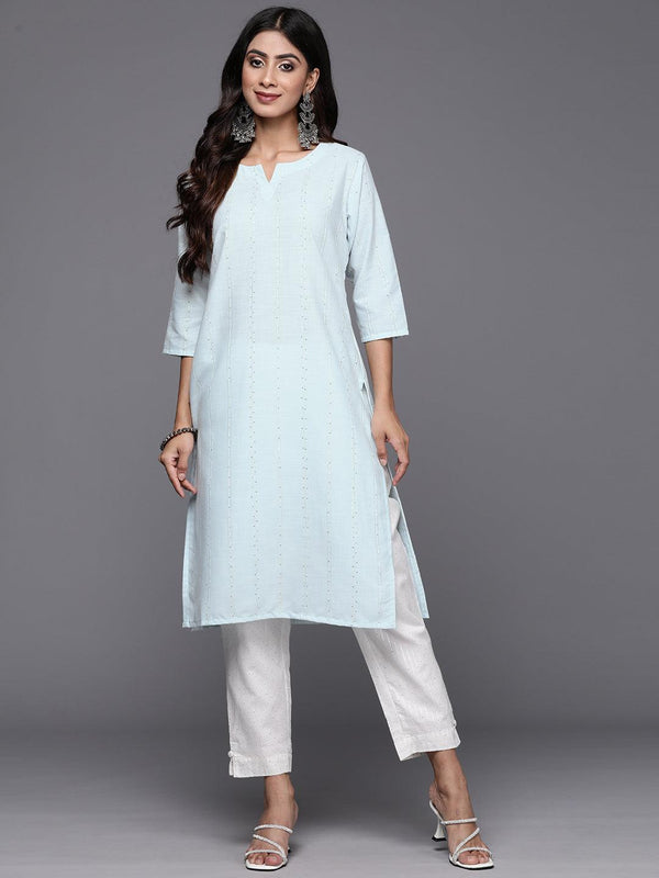 Blue Woven Design Cotton Straight Kurta - Jashvi