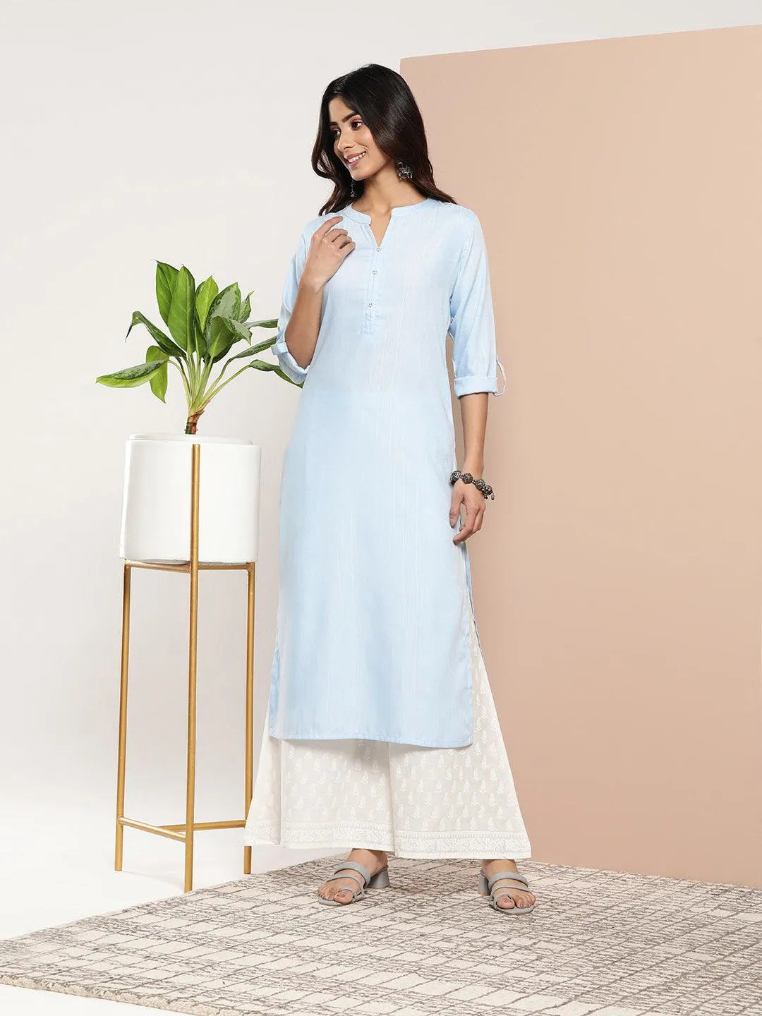 Blue Woven Design Cotton Straight Kurta - Jashvi