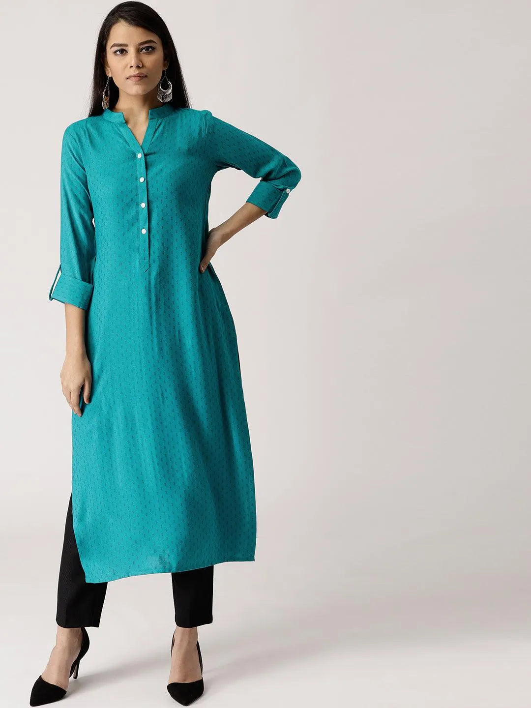 Blue Woven Design Rayon Kurta - Jashvi