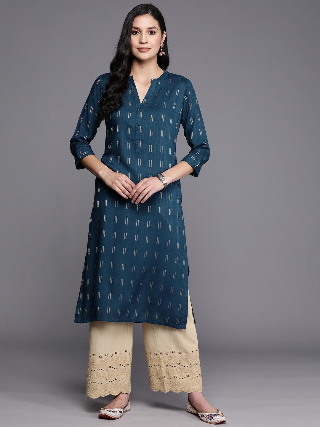 Blue Woven Design Rayon Straight Kurta - Jashvi