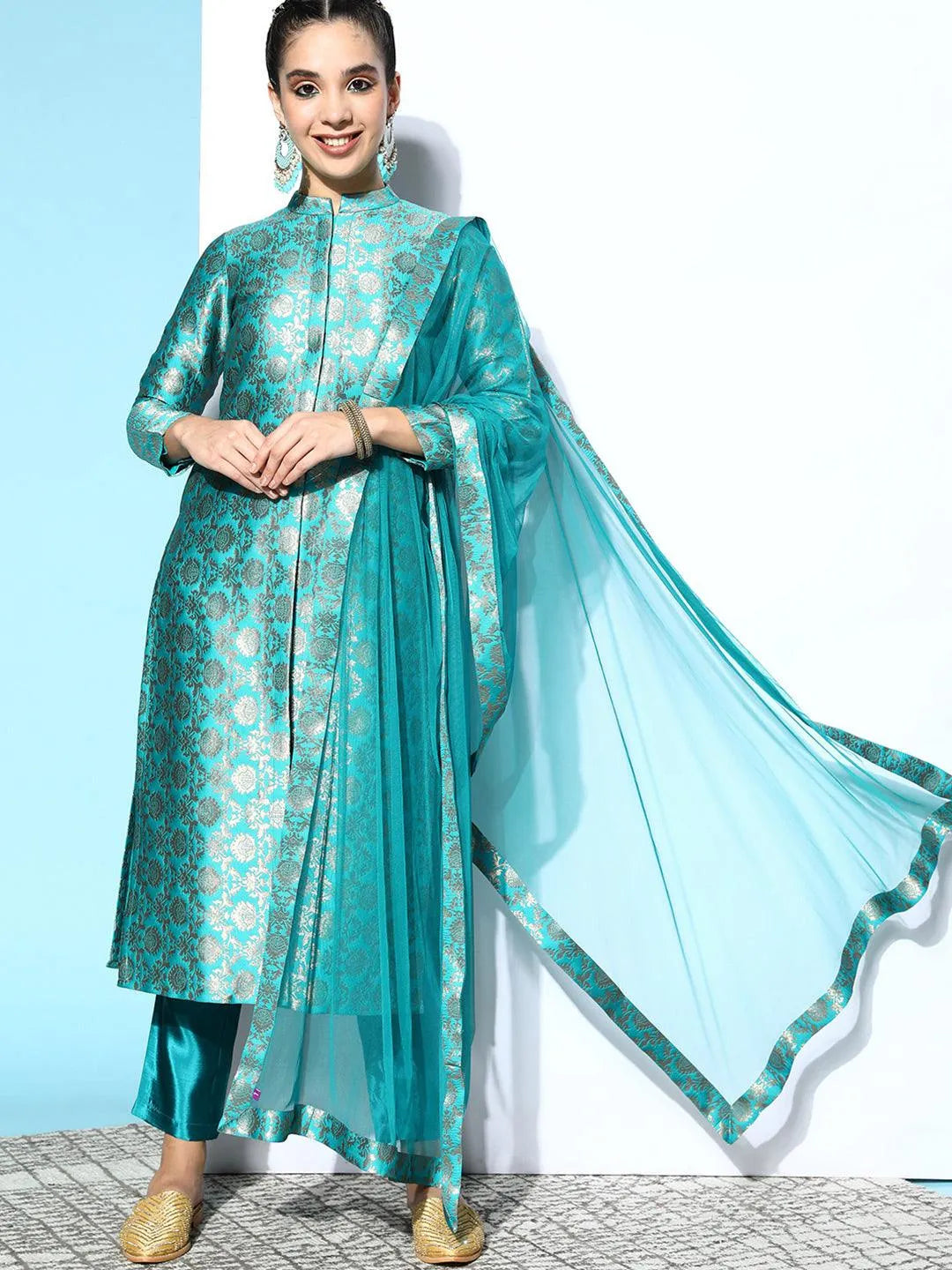 Blue Woven Design Silk Blend Straight Suit Set - Jashvi