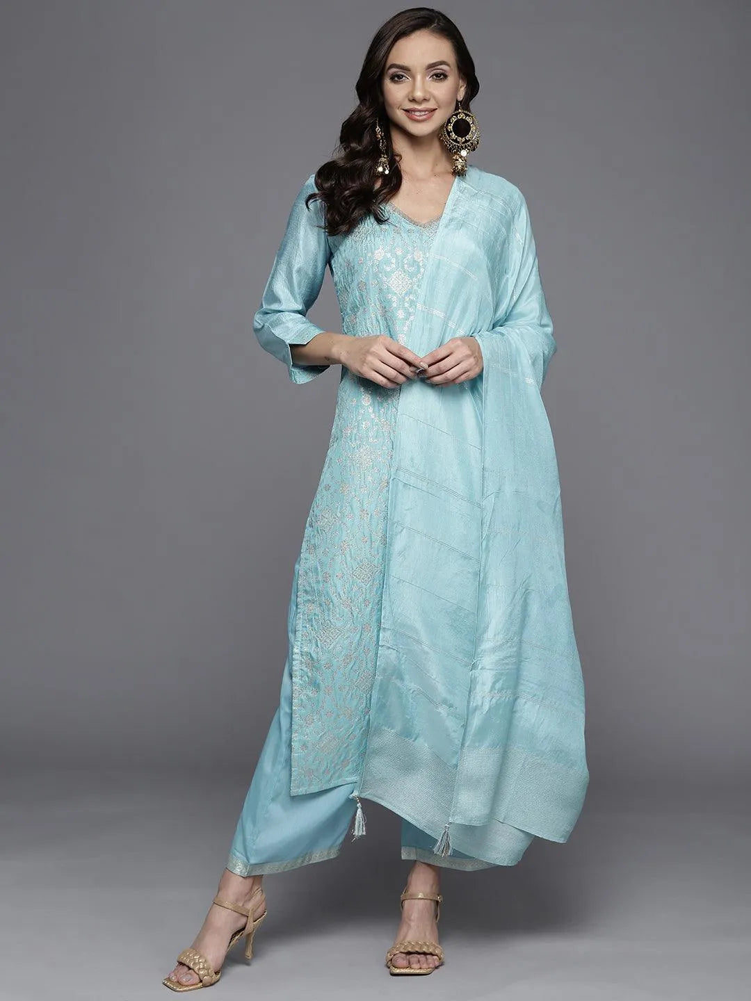 Blue Woven Design Silk Blend Straight Suit Set - Jashvi