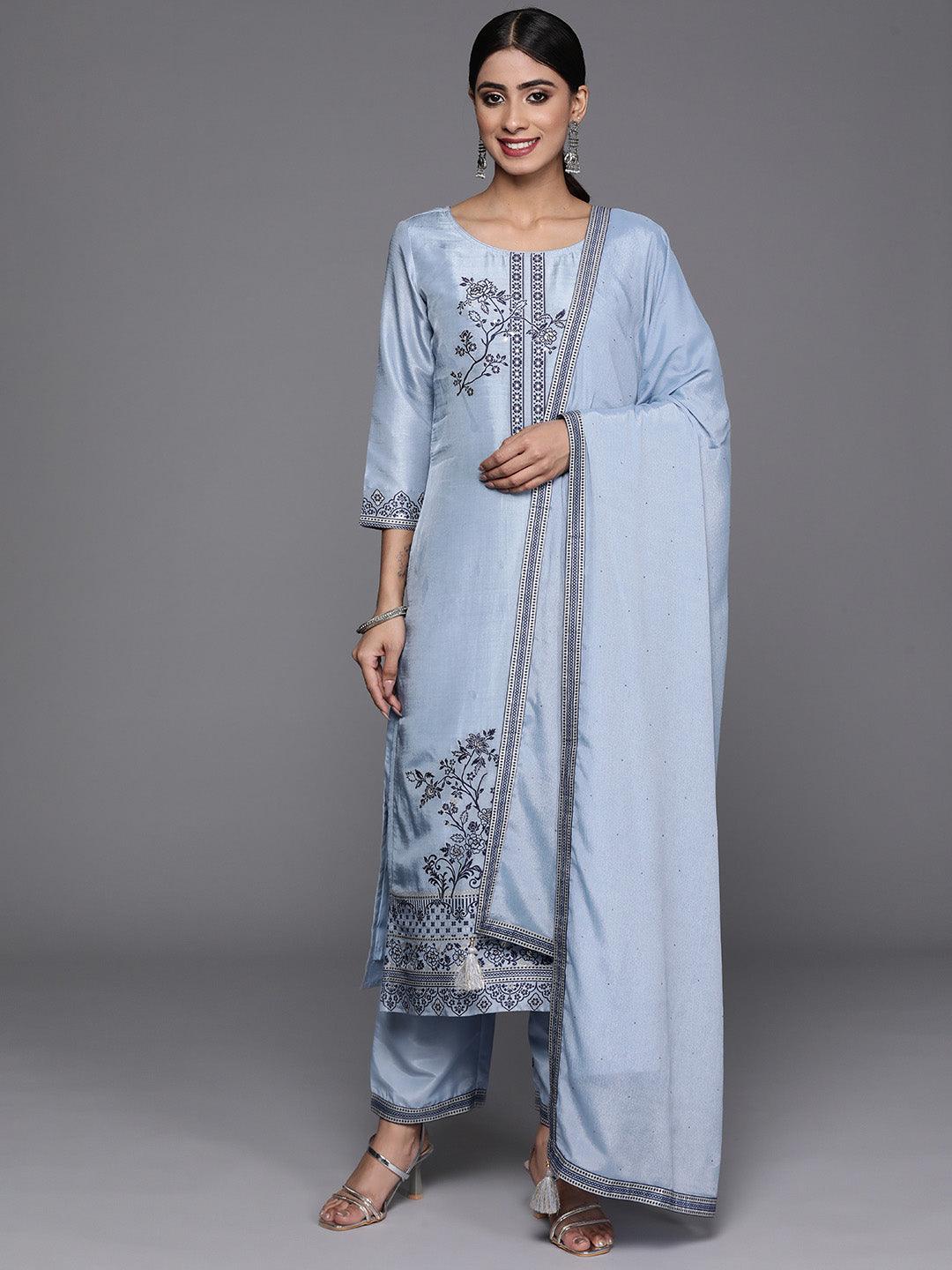 Blue Woven Design Silk Blend Straight Kurta With Trousers & Dupatta - Jashvi