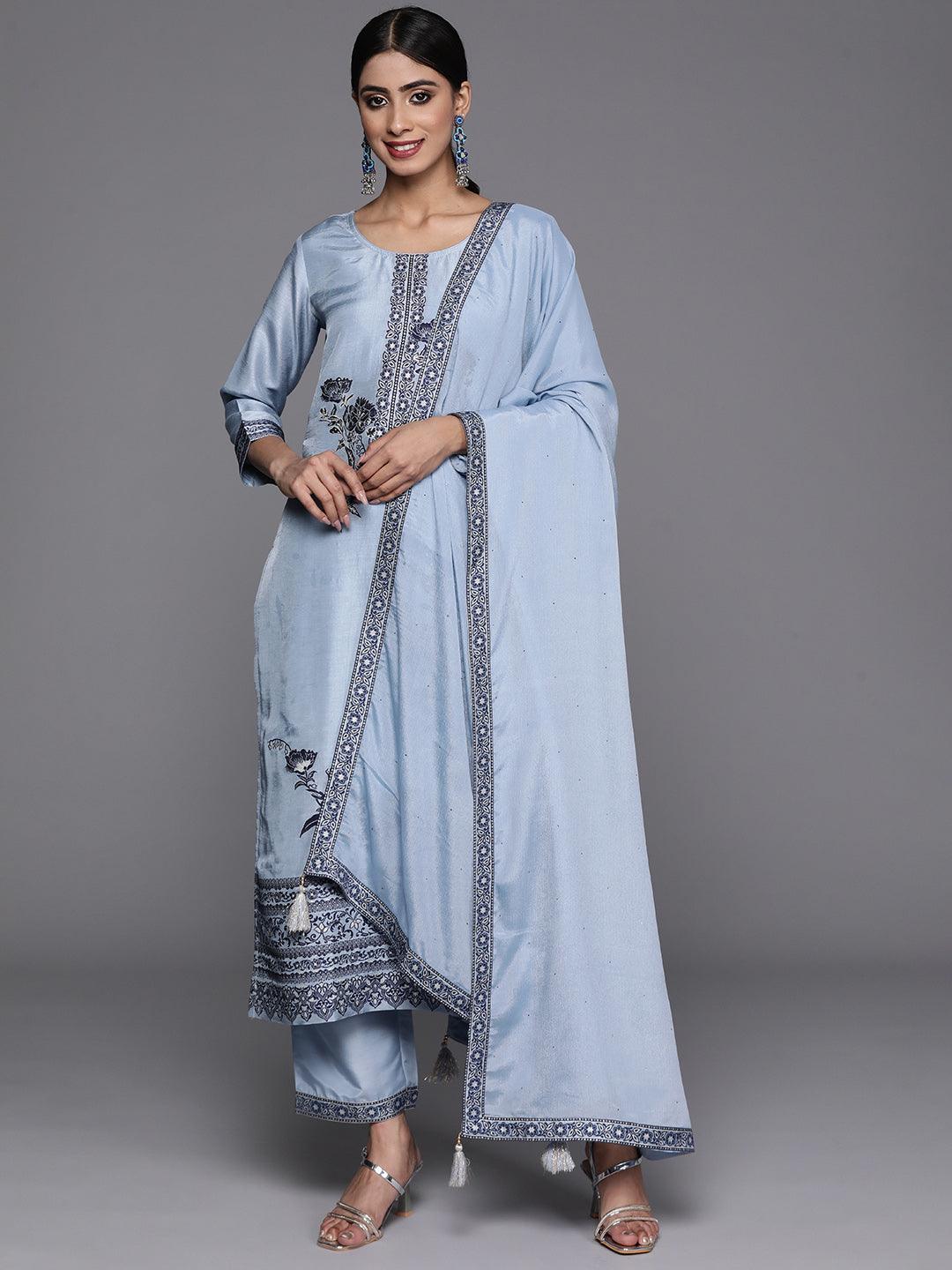 Blue Woven Design Silk Blend Straight Kurta With Trousers & Dupatta - Jashvi