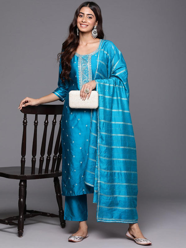 Blue Woven Design Silk Blend Straight Kurta With Trousers & Dupatta - Jashvi