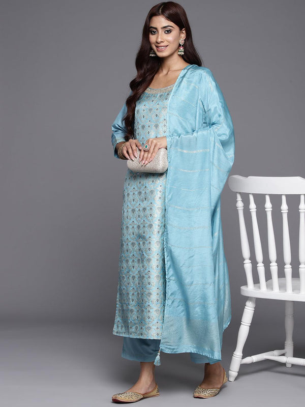 Blue Woven Design Silk Blend Straight Kurta With Trousers & Dupatta - Jashvi