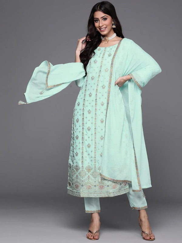 Blue Woven Design Silk Suit Set - Jashvi