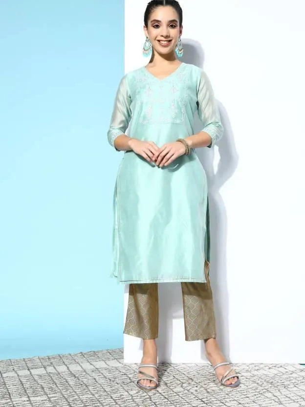 Blue Yoke Design Chanderi Cotton Straight Kurta - Jashvi