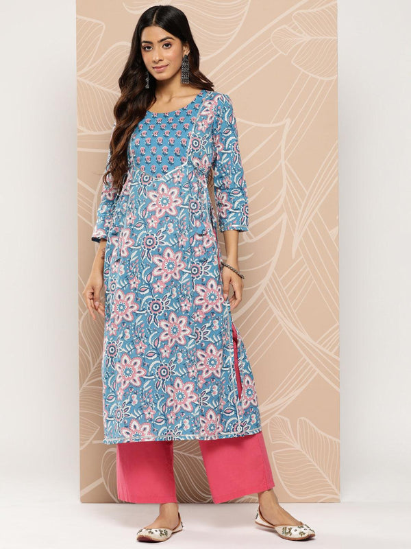 Blue Yoke Design Cotton A-Line Kurta - Jashvi