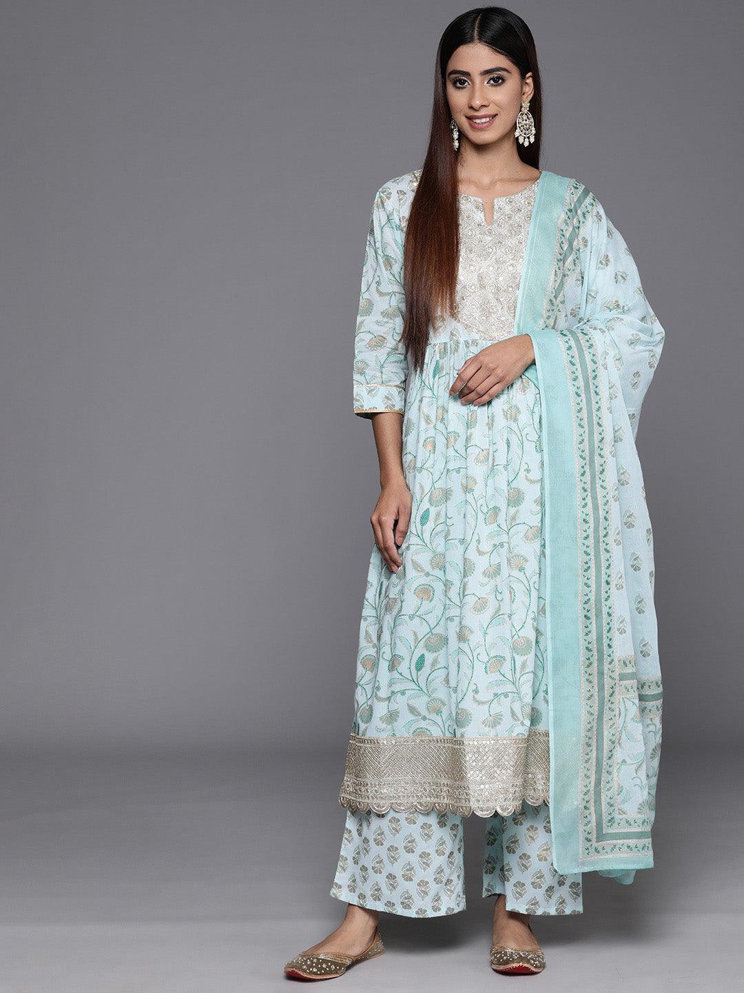 Blue Yoke Design Cotton A-Line Kurta With Palazzos & Dupatta - Jashvi