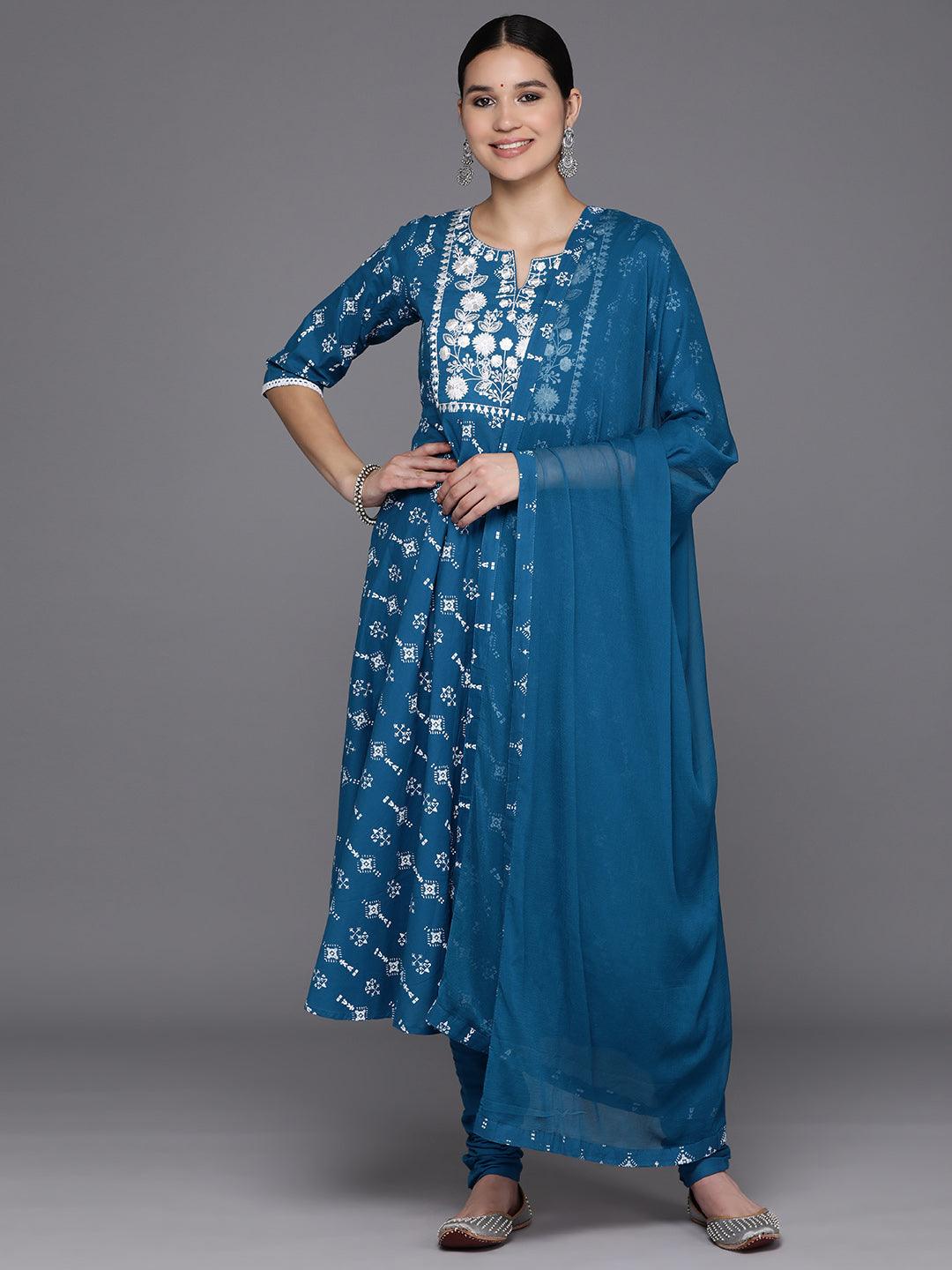 Blue Yoke Design Cotton Anarkali Suit Set With Churidar - Jashvi