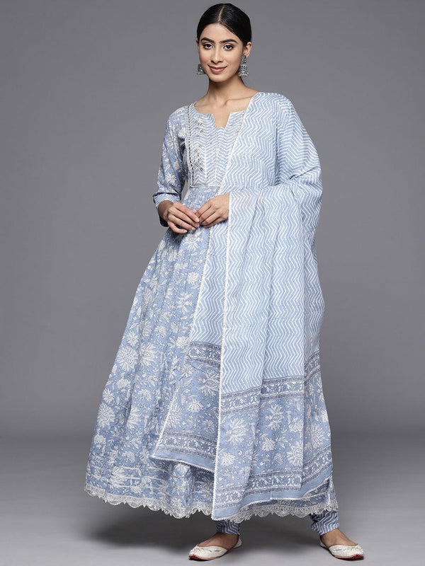 Blue Yoke Design Cotton Anarkali Kurta With Churidar & Dupatta - Jashvi