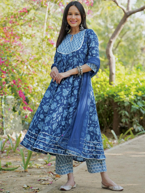 Blue Yoke Design Cotton Anarkali Kurta With Palazzos & Dupatta - Jashvi