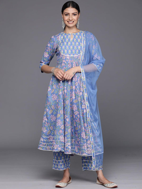 Blue Yoke Design Cotton Anarkali Kurta With Trousers & Dupatta - Jashvi