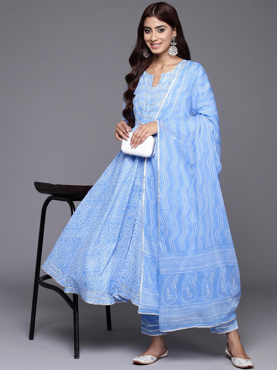 Blue Yoke Design Cotton Anarkali Kurta With Trousers & Dupatta - Jashvi