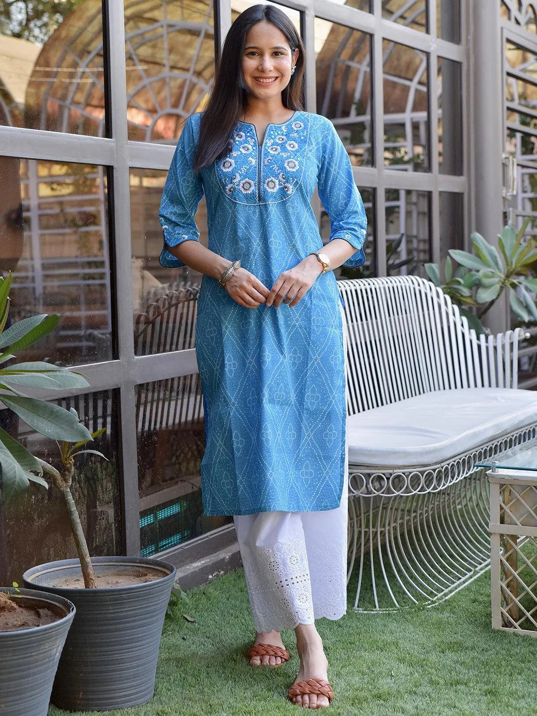 Blue Yoke Design Cotton Straight Kurta - Jashvi