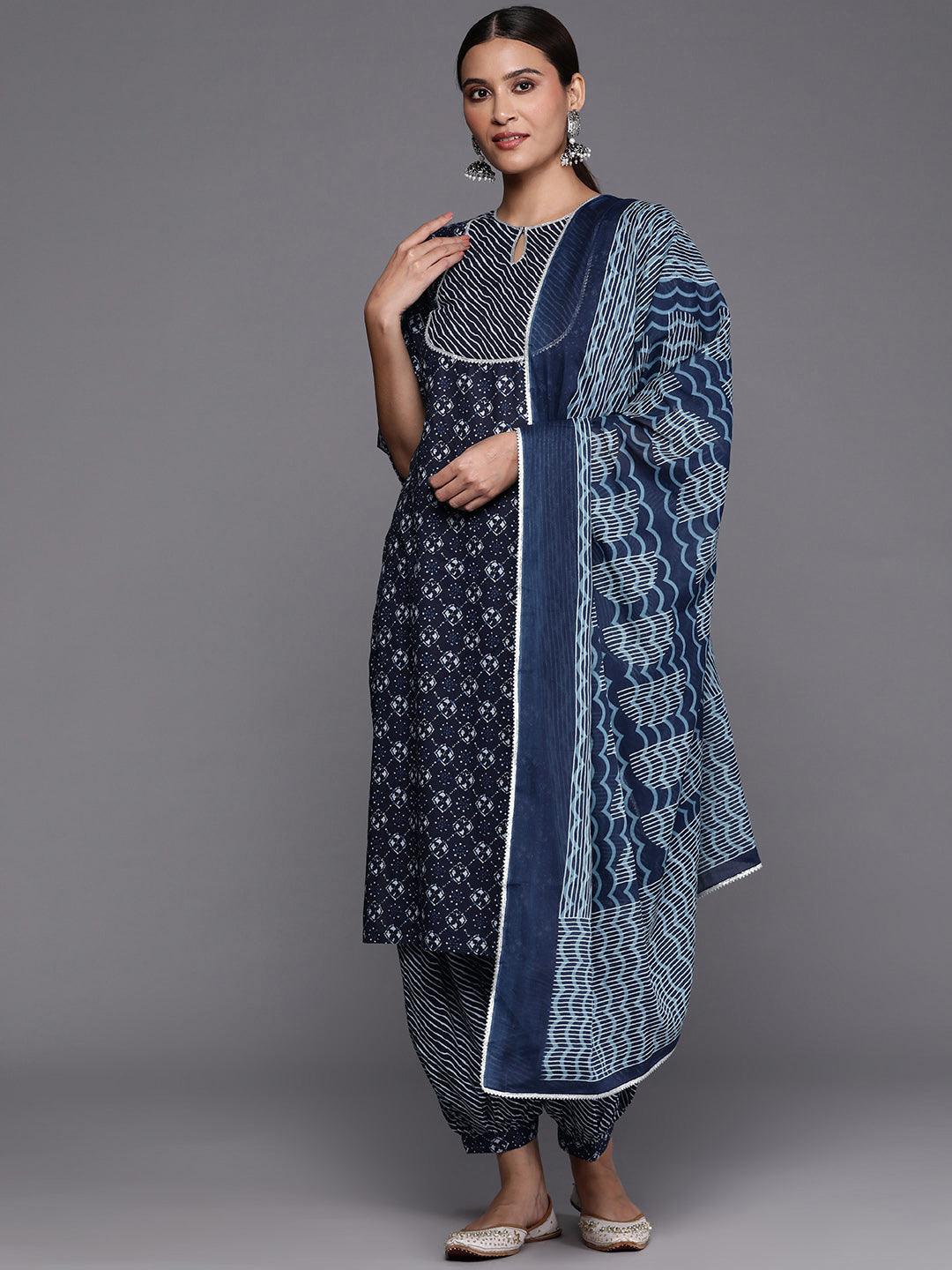 Blue Yoke Design Cotton Straight Kurta With Salwar & Dupatta - Jashvi